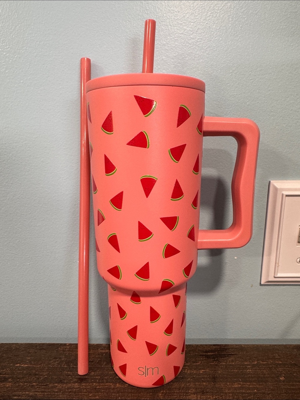 Simple modern Coral Pink Watermelon Travel Tumbler with Straw
